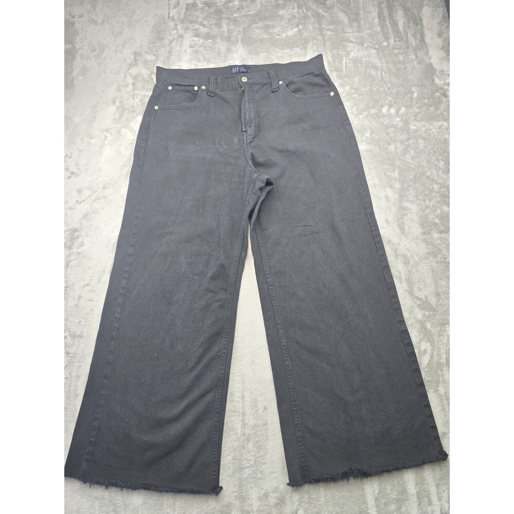 GAP Womens Size 18 34R High Rise Wide Leg Black Denim Jeans Raw Hem 100 Cotton